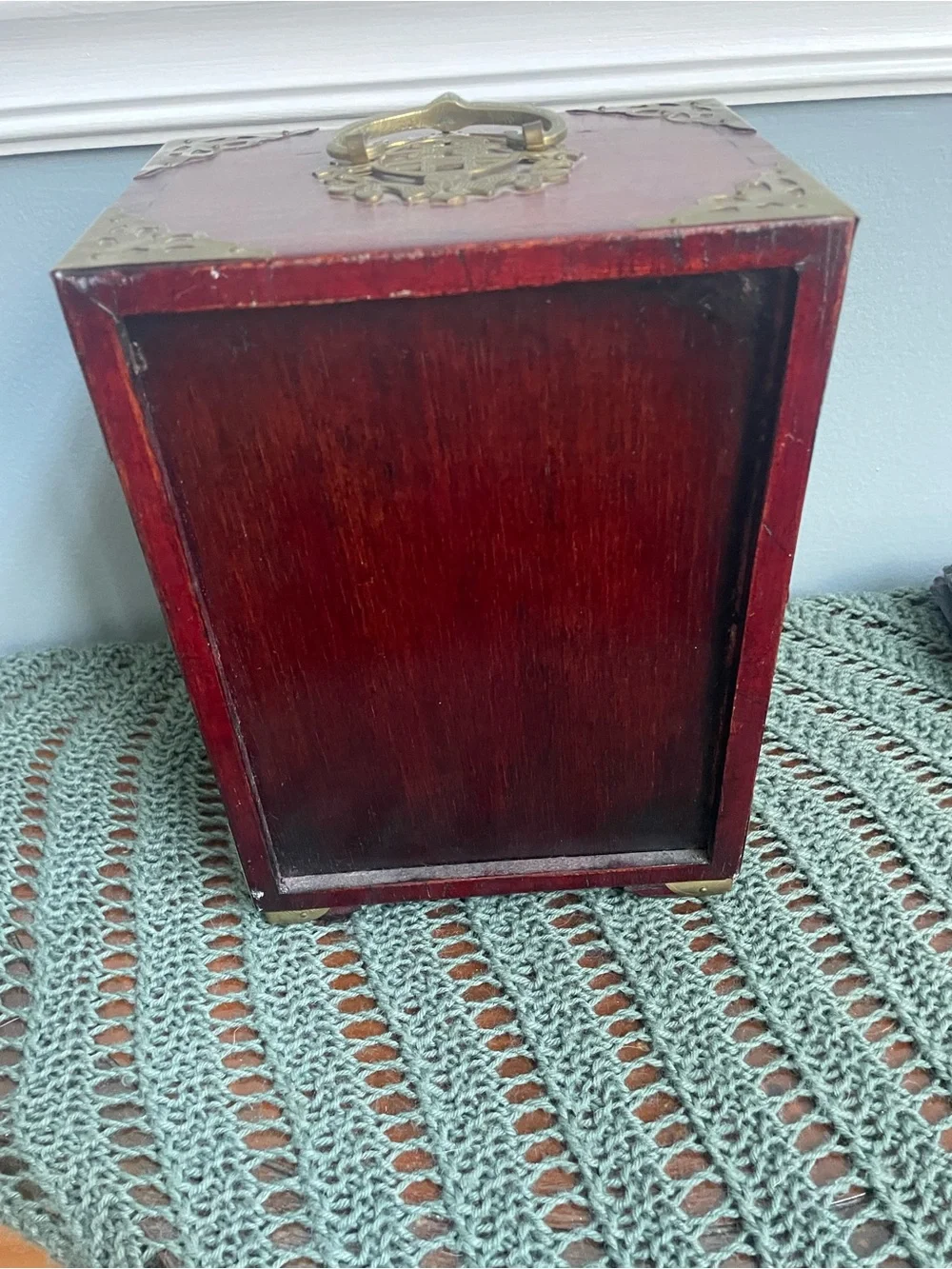 Vintage Chinese Carved Wood Jewelry Box With Jade Inlays & Brass Hardware